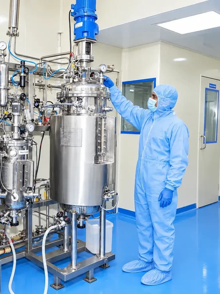 An operator at the fermentation vessel in the ABsource clean room