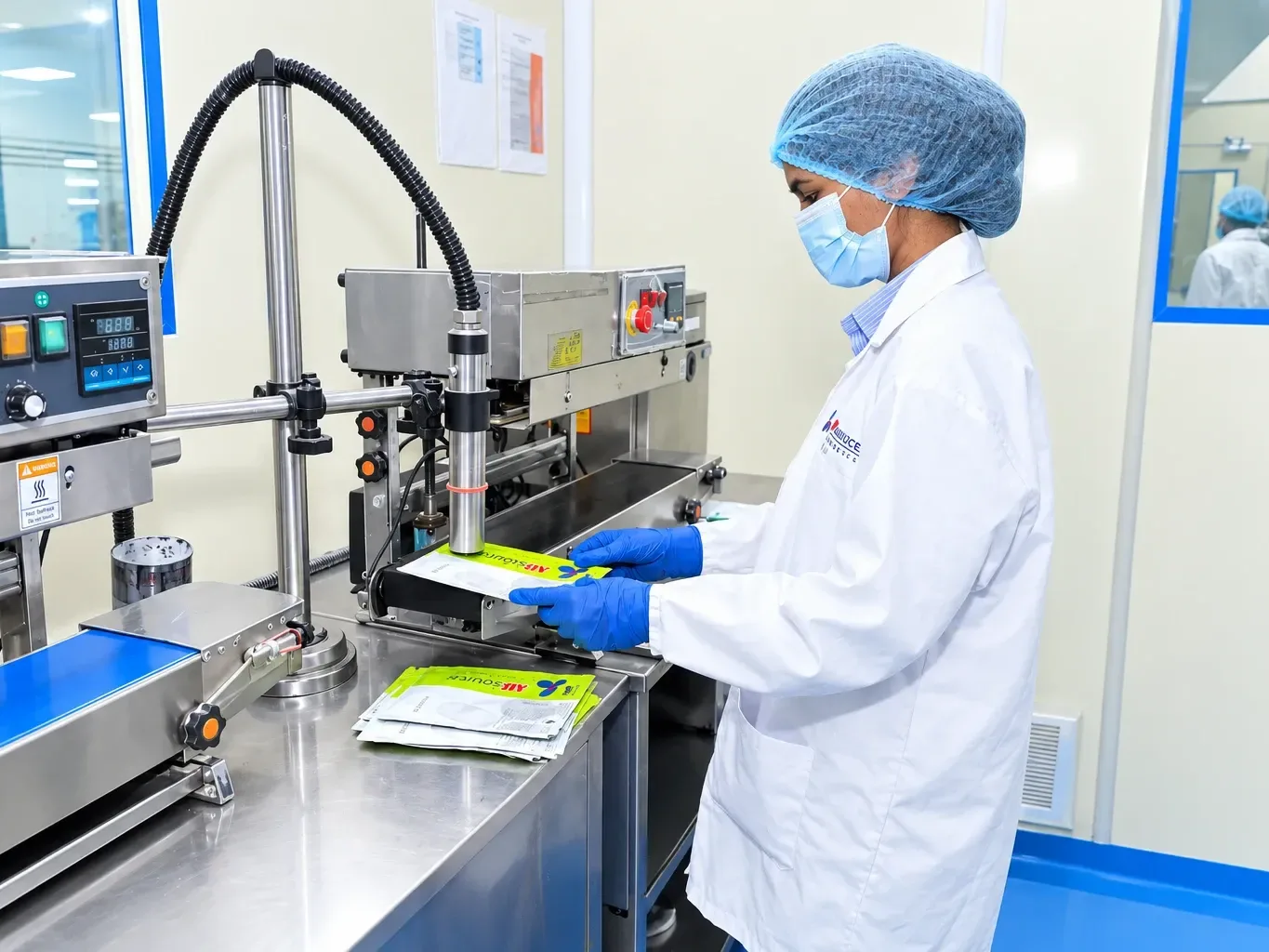 An operator feeding a filled culture sachet into the band sealer